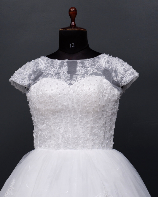 Cap-sleeve White Wedding Gown
